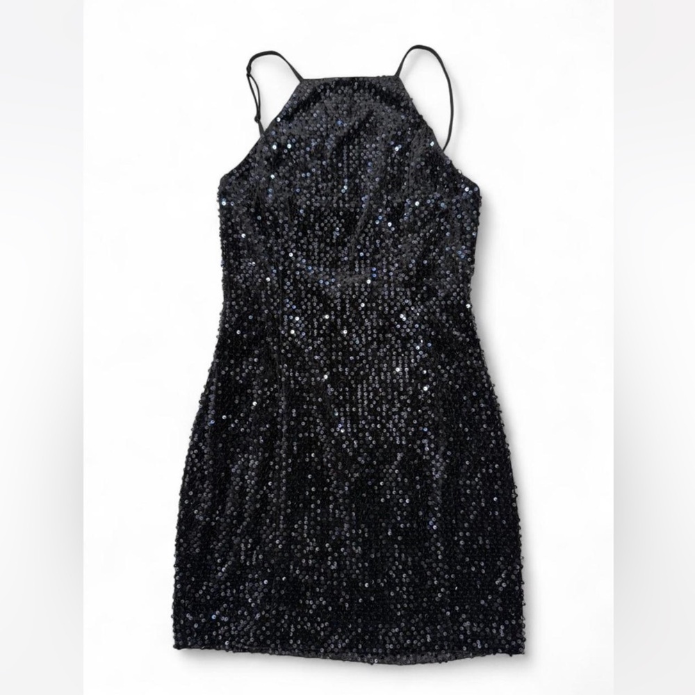 Express Black Sequin Halter Mini Dress With Open Back Women’s Size Small